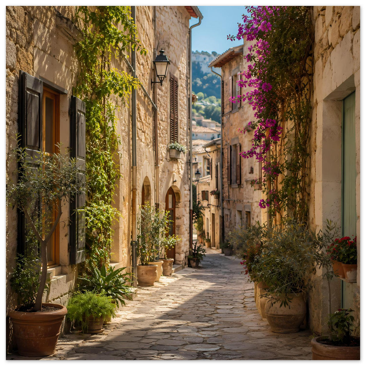 Mediterraner Posterdruck: Gasse mit geöffneten Holzfenstern, bepflanzten Kübeln und lila Blüten