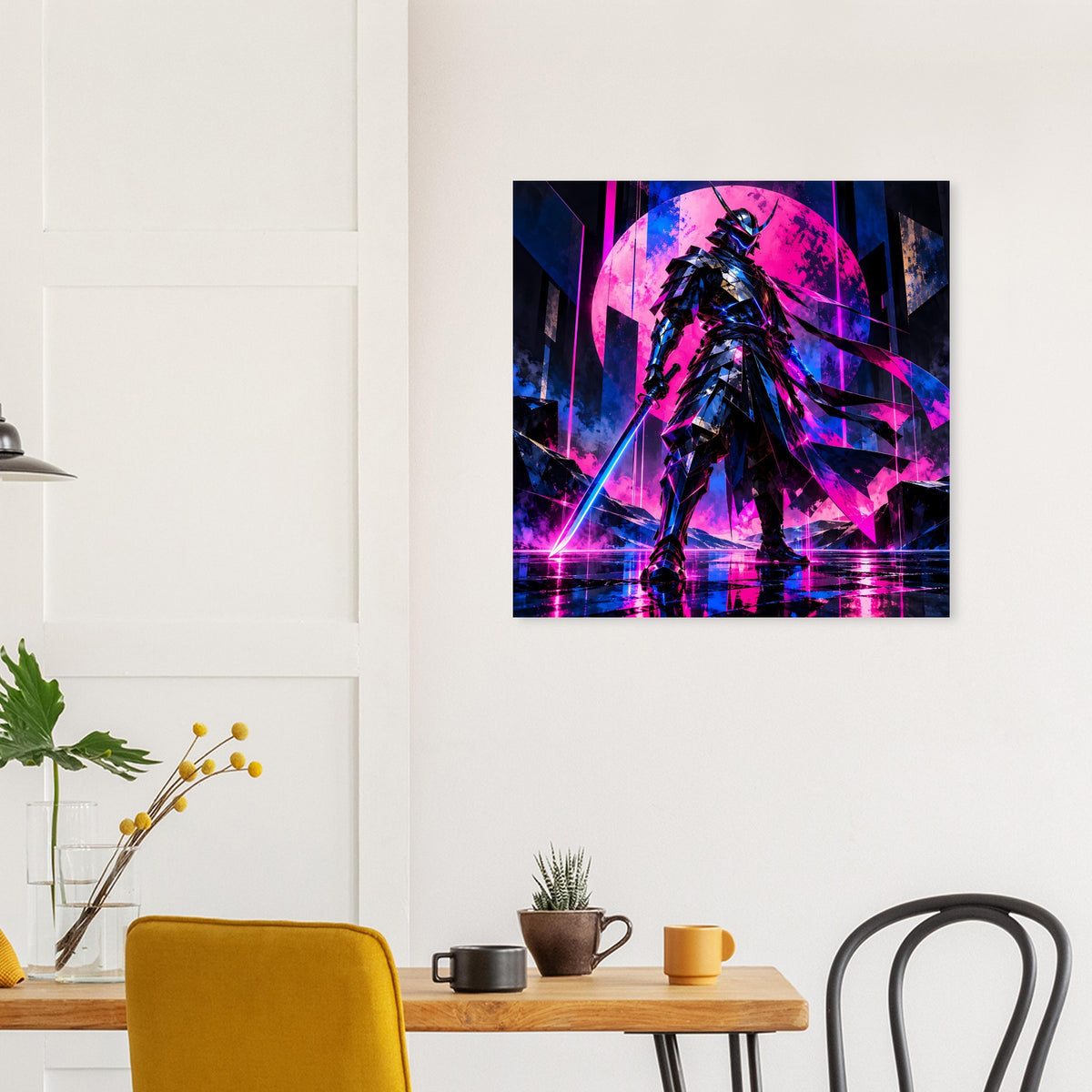 Cyberpunk-Poster mit Krieger-Silhouette, Pink/Blau-Neonstrahlen und kreisförmigem Portal