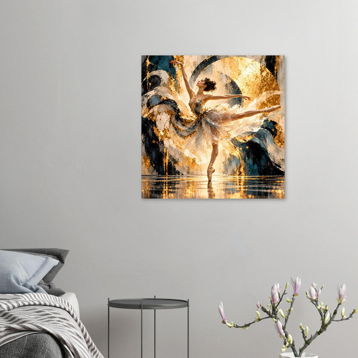 Kleines Ballett-Poster mit tanzender Ballerina, schimmernder Rock in Gold und Blau