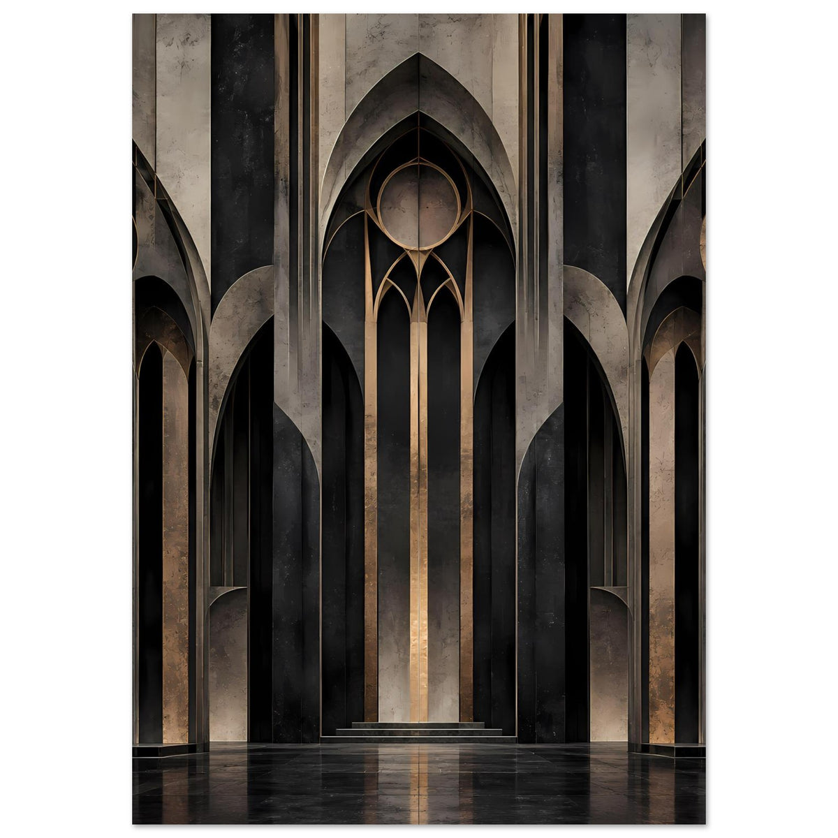 Gotisches Spitzbogen-Architekturposter, vertikale Darstellung mit mittlerem Torbogen und dunklen Säulen