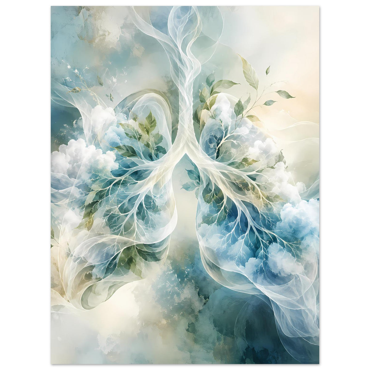 Surreales Lungen-Anatomie-Poster: blauer Rauch-Look, zentrale Atemwege und grüne Blattakzente