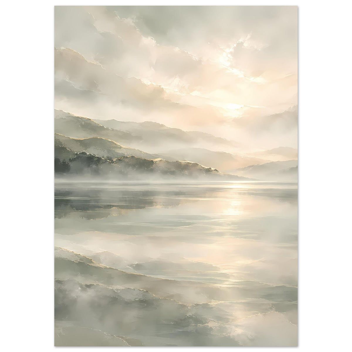 Poster im Hochformat: Bergsee mit sanften Wolken, goldenes Glühen auf dem Wasser, matt