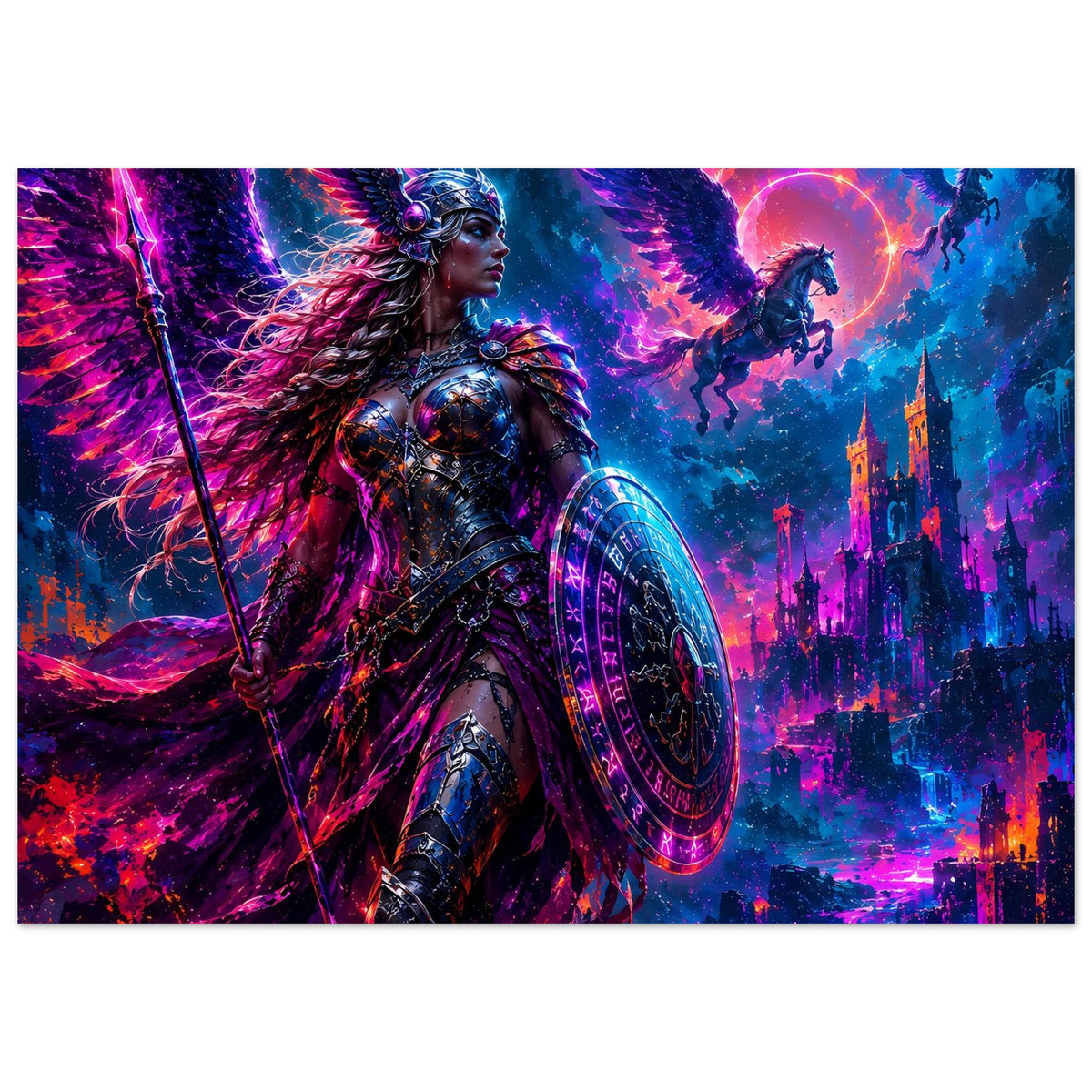 Fantasy-Poster mit Valkyrie-Kriegerin im Rüstungskleid, Schwert und Rundschild