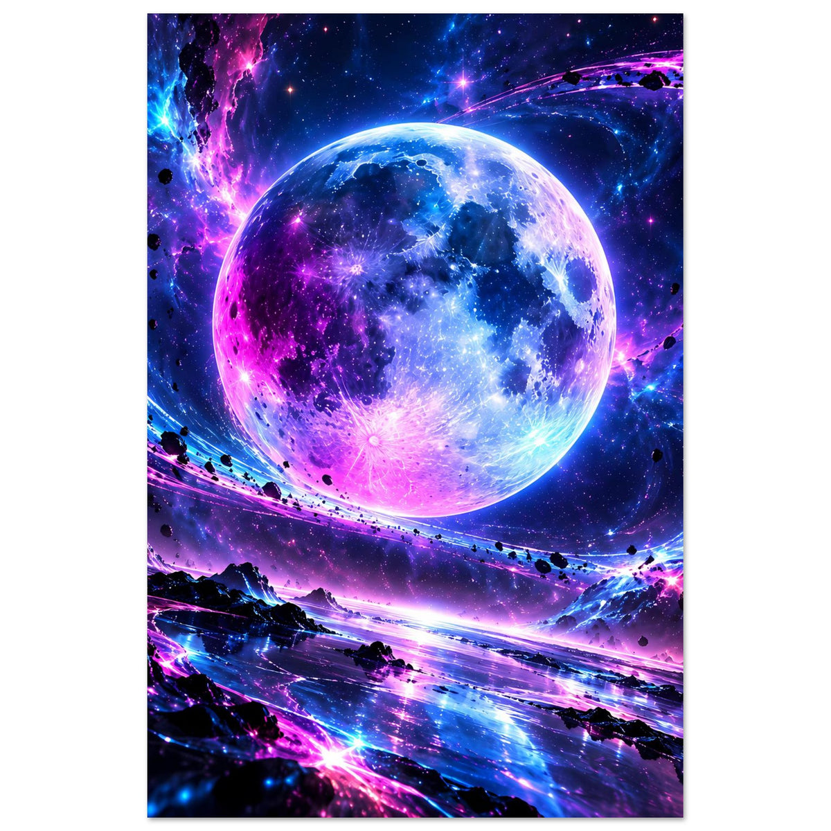 Vertikales Kosmos-Poster mit blauem Planeten, violetter Leuchtkontur und langen Lichtbahnen