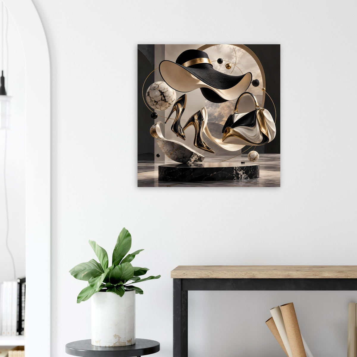 Gerahmtes Poster mit Hutfigur, schwarzen Formen und goldenen Dekoelementen
