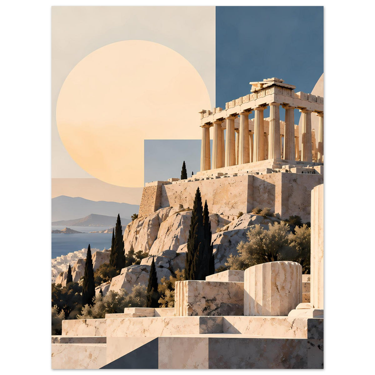 Griechenland-Poster im Hochformat: Parthenon-Ruinen auf Hügeln, warmes Sonnendesign und Berge
