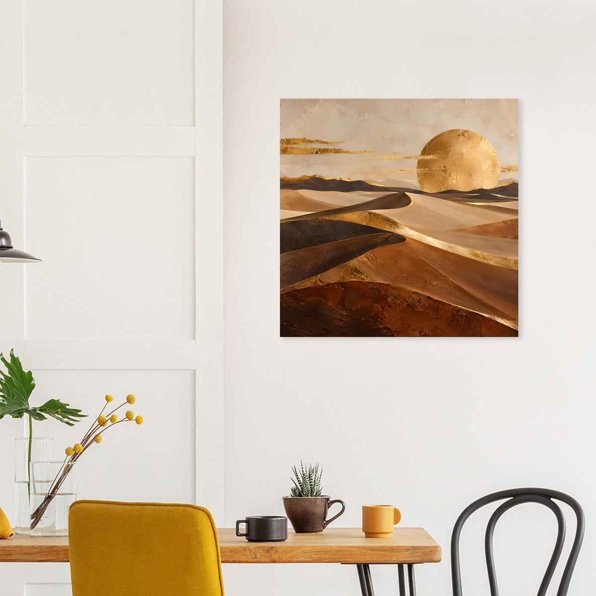 Poster im Quadratformat mit goldener Sonne über schroffen Dünen
