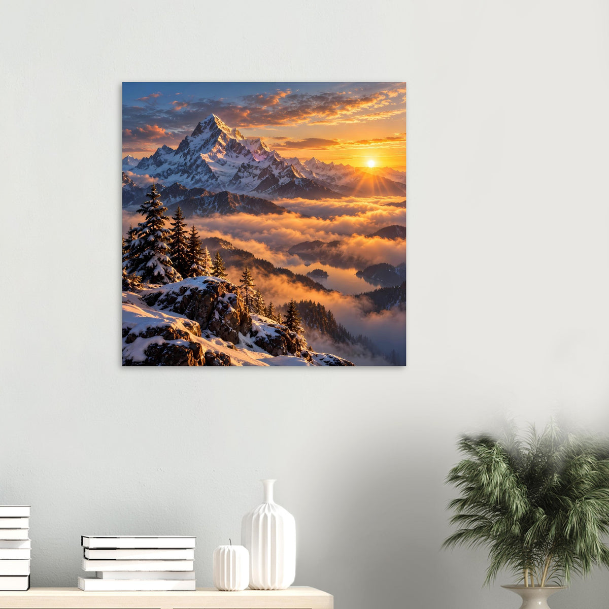 Quadratisches Poster mit Berggipfeln über Wolken bei Sonnenaufgang