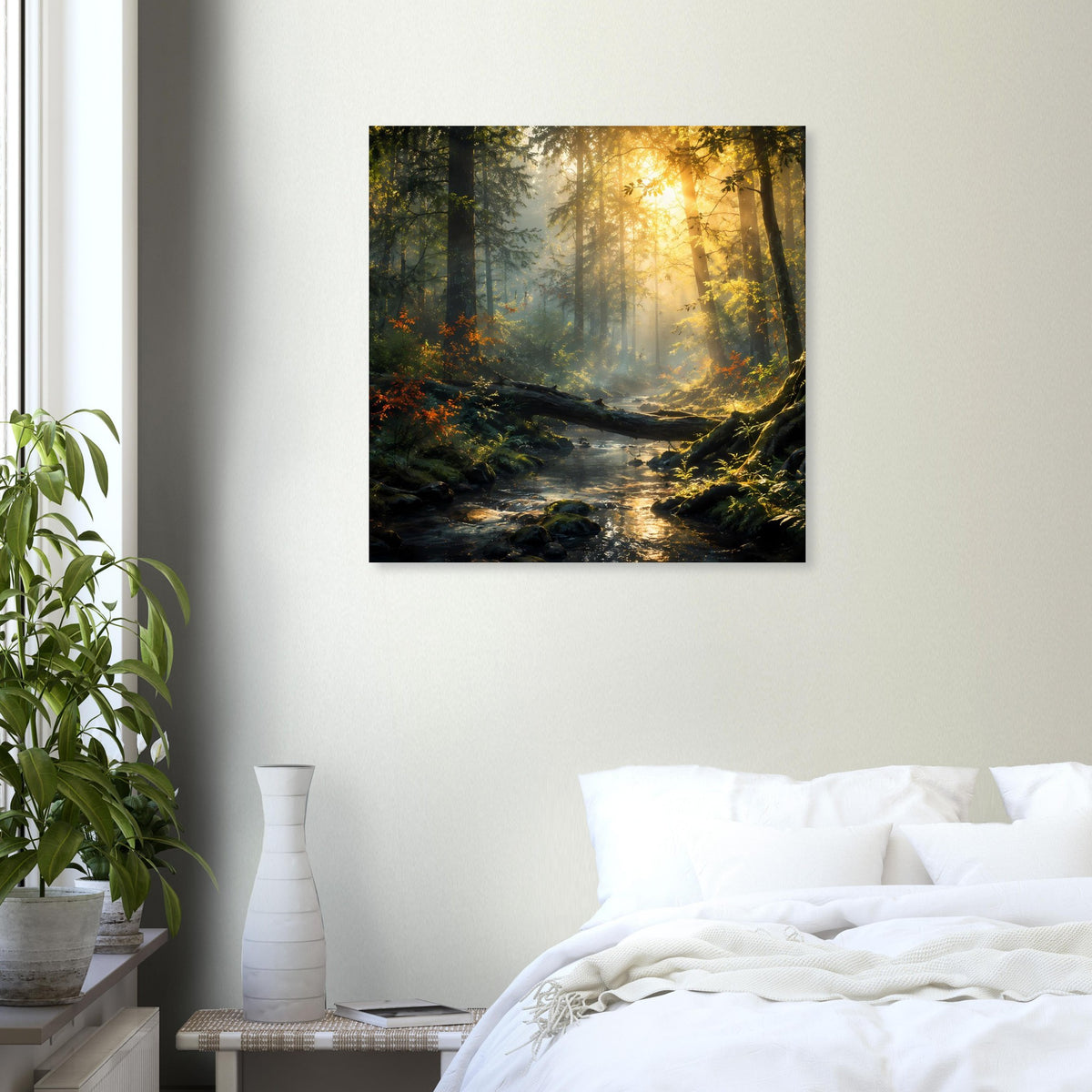 Quadratisches Poster: Waldlandschaft mit Bachlauf, Nebel und warmem Licht