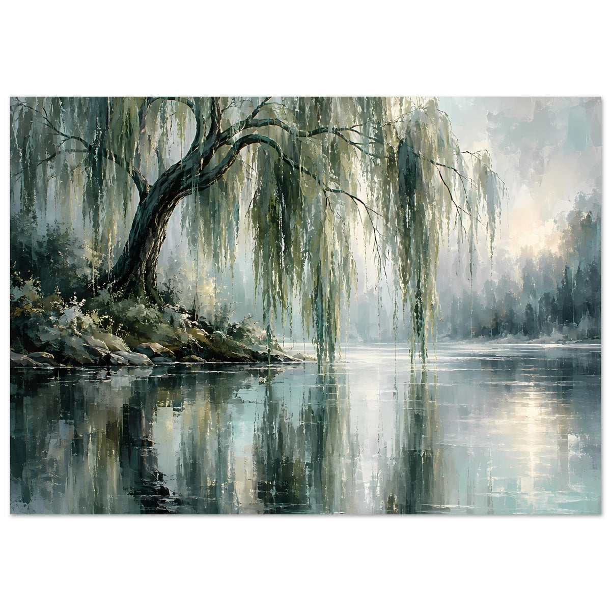 Poster mit Trauerweiden am See, Baumkronen links und Reflexion in Blaugrün