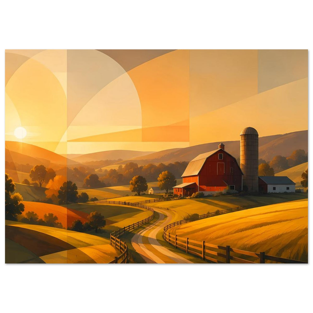 Abstraktes Wandbild mit roter Scheune, Siloturm, Zaun und goldenen Feldern, abstrakte Formen im Himmel.