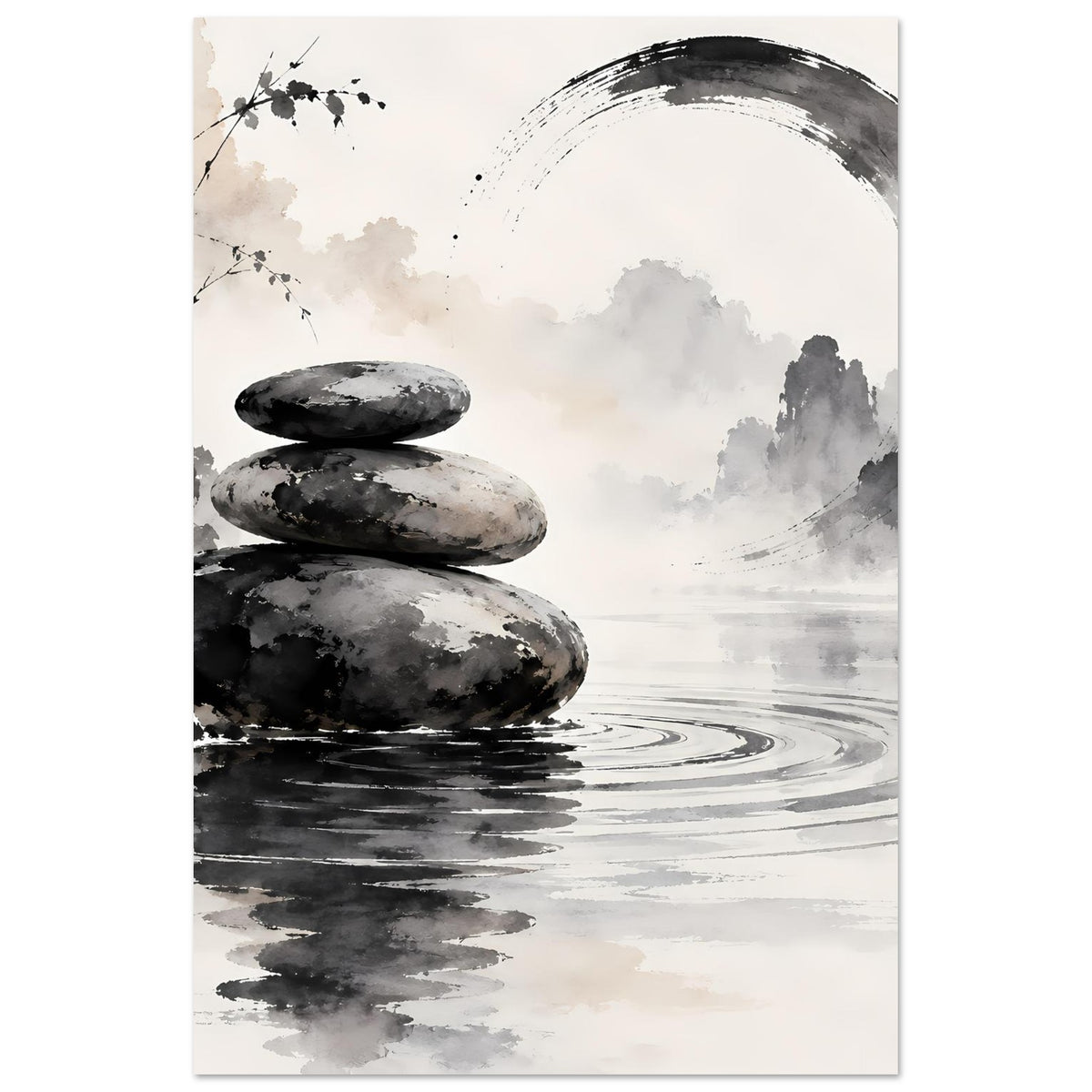Hochkant-Poster mit Zen-Steinmotiv in Schwarzweiß: drei Steine, Wasserkringel und Wolkenrand