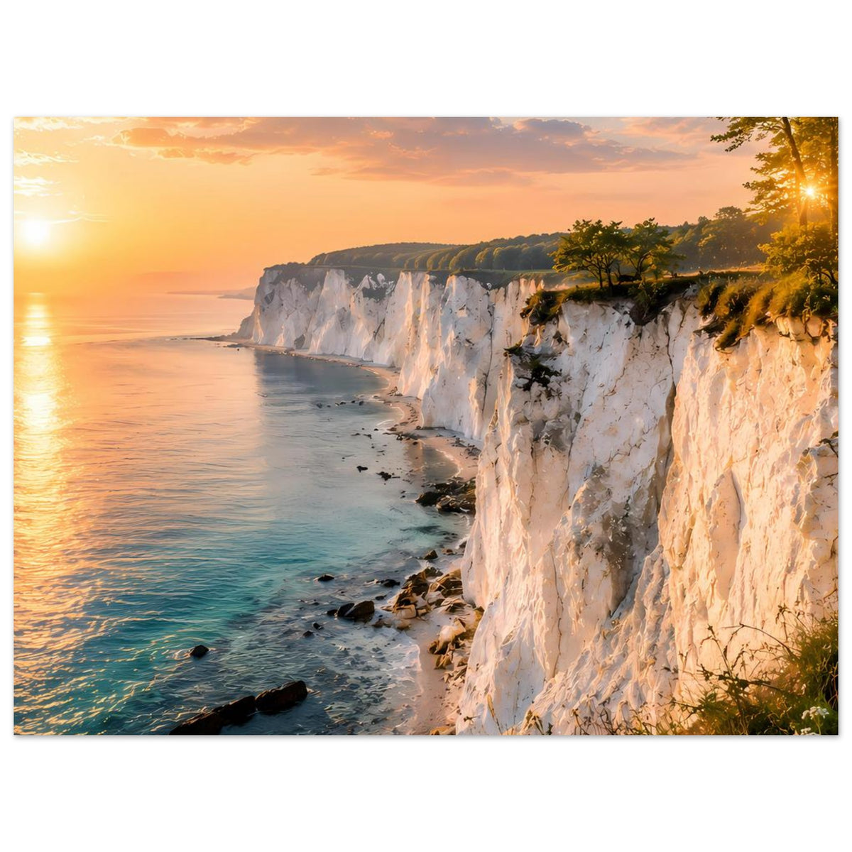 Querformatiges Küstenklippen-Poster mit Sonnenaufgang, weißem Klippenabbruch und Strand