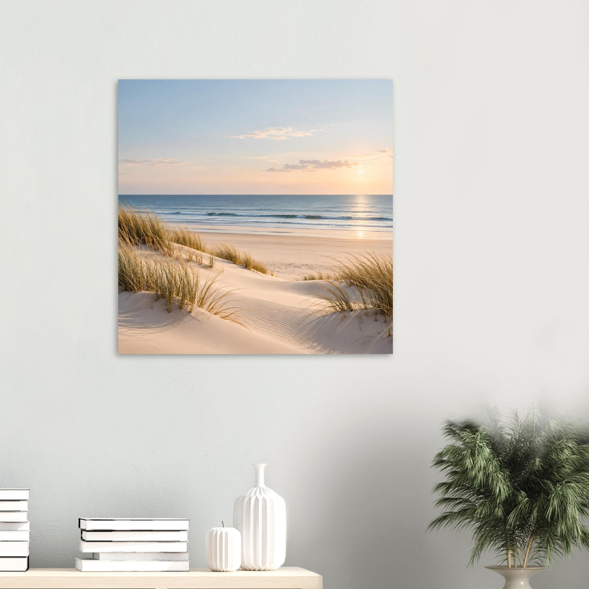 Quadratisches Wandposter mit Küstensonnenuntergang, mattes Premiumpapier, goldene Abendfarben