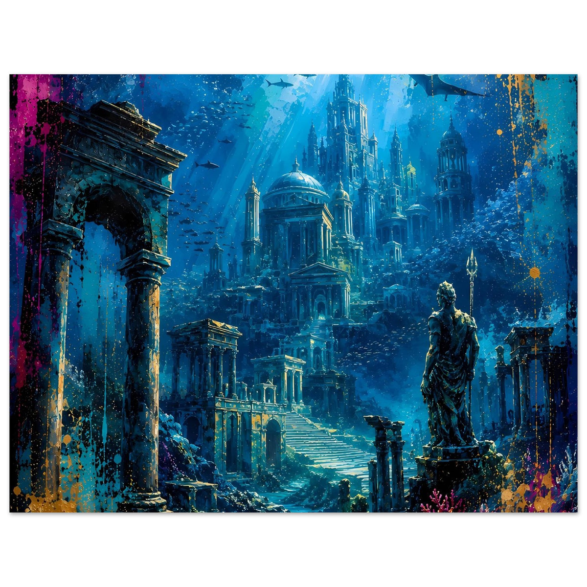 Poster mit Unterwasserstadt Atlantis, Blick auf Ruinenfluchten und Statue rechts
