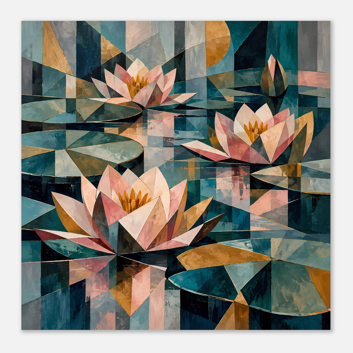 Nahansicht eines Blumenposters mit geometrischen Seerosen in Pastell, Petrol und Gold