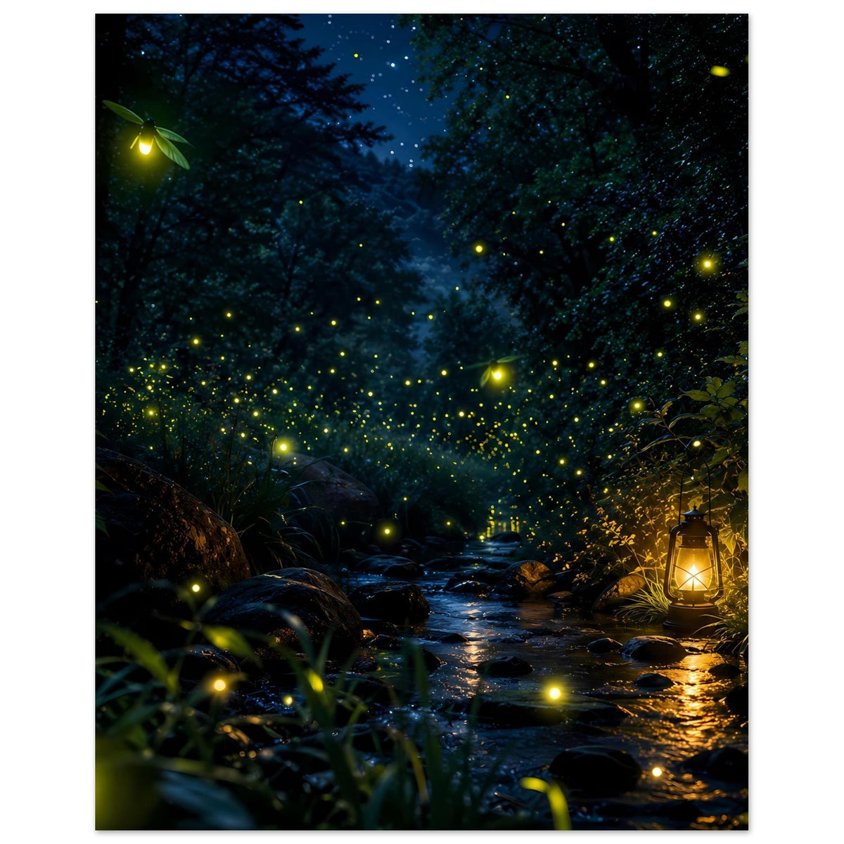 Poster mit dunklem Wald und Bachlauf, zahlreiche leuchtende Glühwürmchen und Laterne