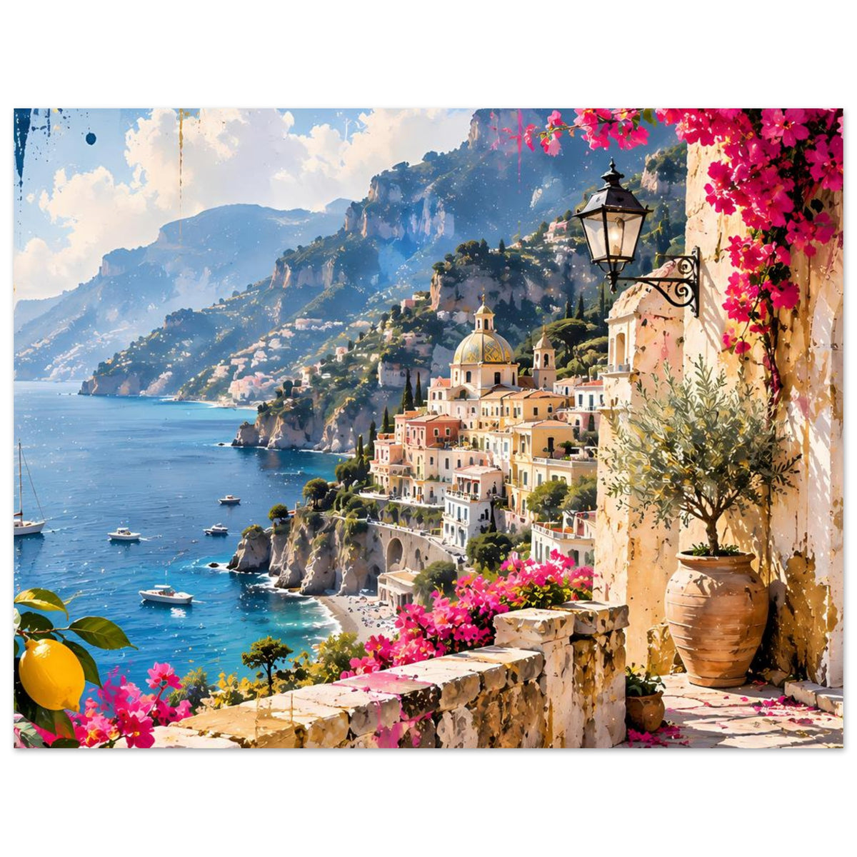 Horizontales Poster mit Küste am Hang: Meer, weiße Häuser, rosa Blüten und Laterne