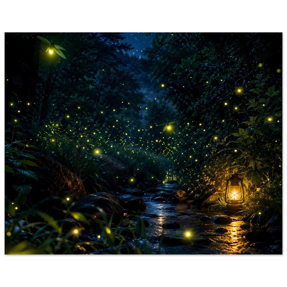 Poster: Nachtszene im Wald mit vielen leuchtenden Glühwürmchen, Bach und Laterne