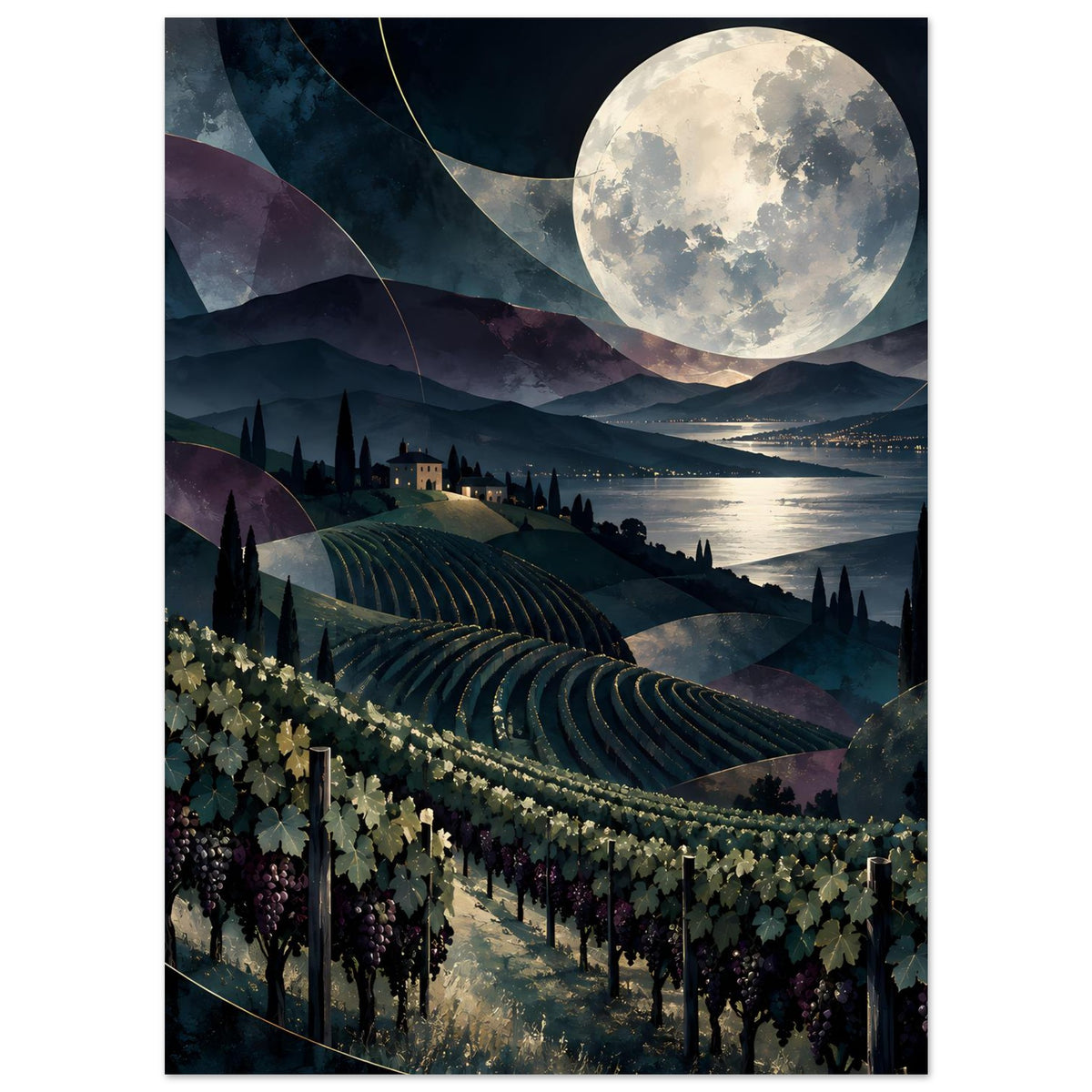Nachtlandschaftsposter mit Weinbergen, Vollmond am Himmel, Blick auf See und Berge