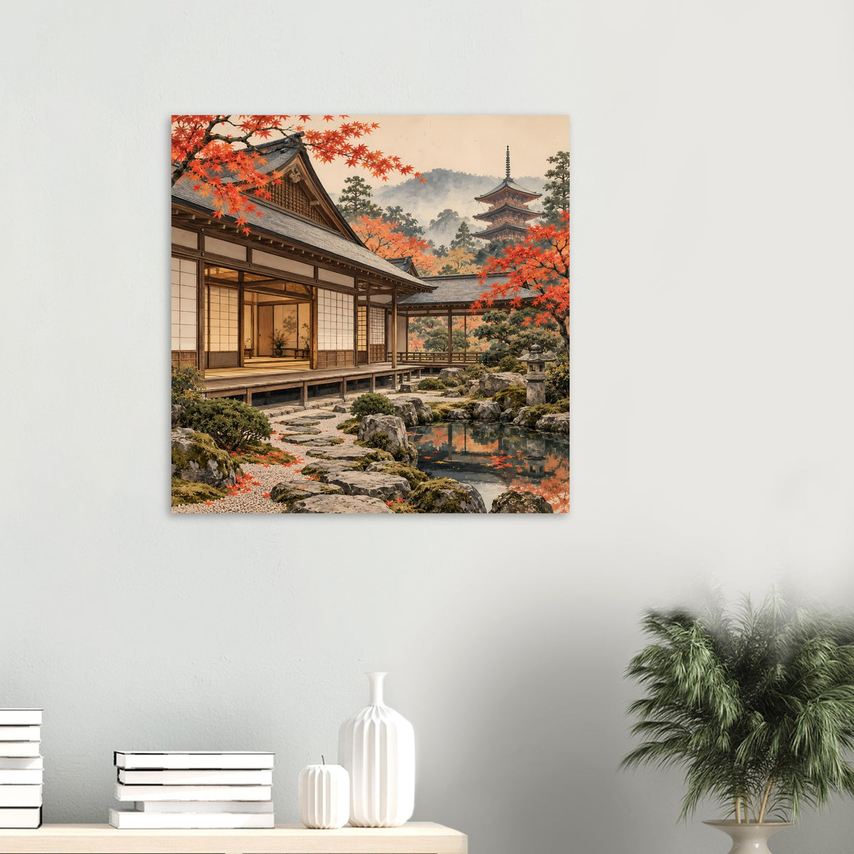 Poster mit japanischer Herbstszene: Holzveranda, Pagode, rotes Laub und Gartenweg.