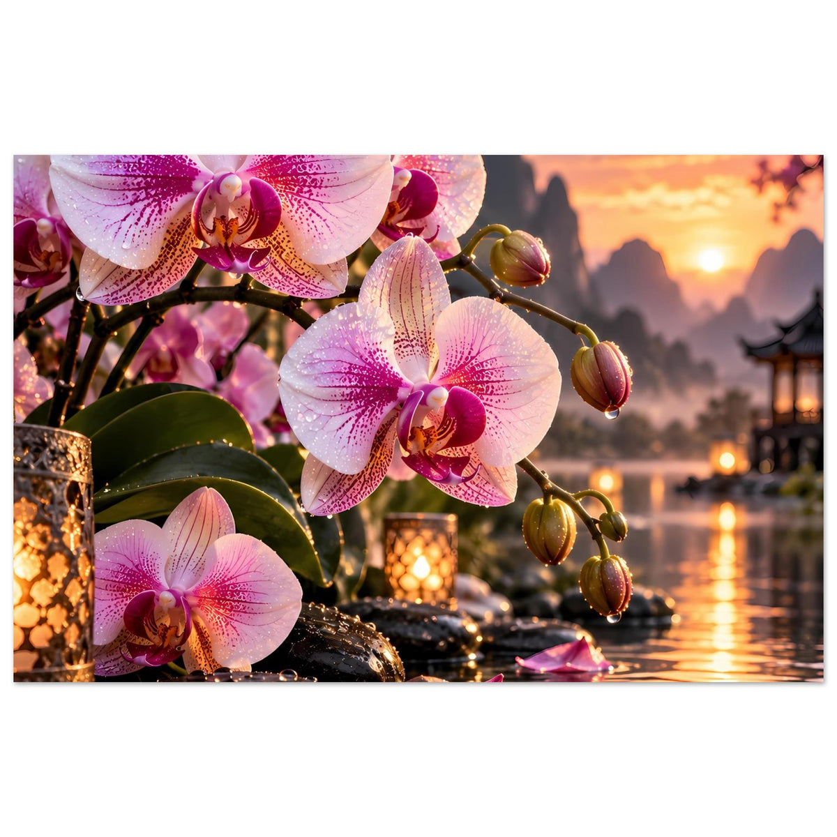 Orchideen-Poster mit rosa Orchideenblüten und goldenen Lichtreflexen im Wasser