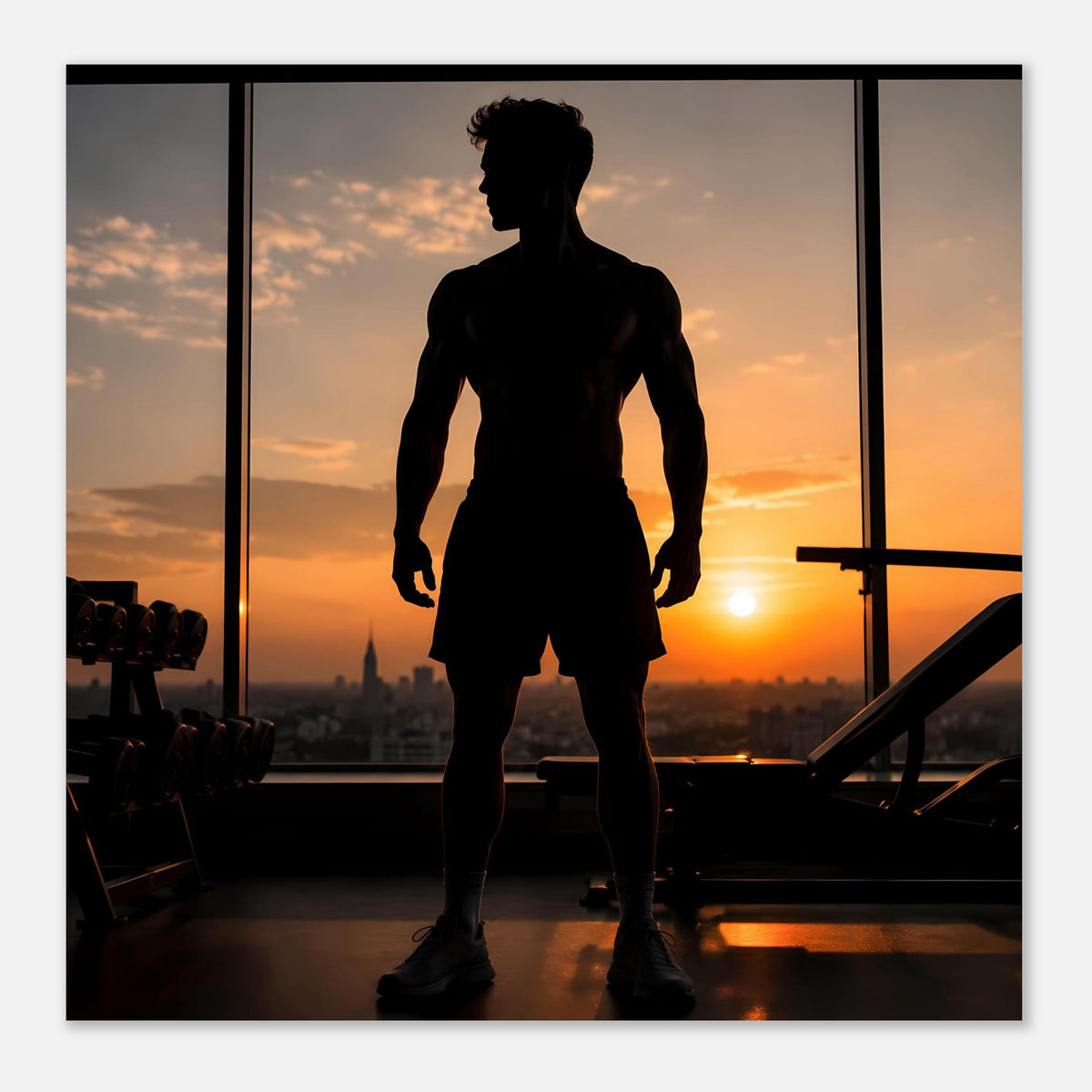 Fitness-Poster: dunkle Silhouette eines Mannes im Sportoutfit, frontale Perspektive