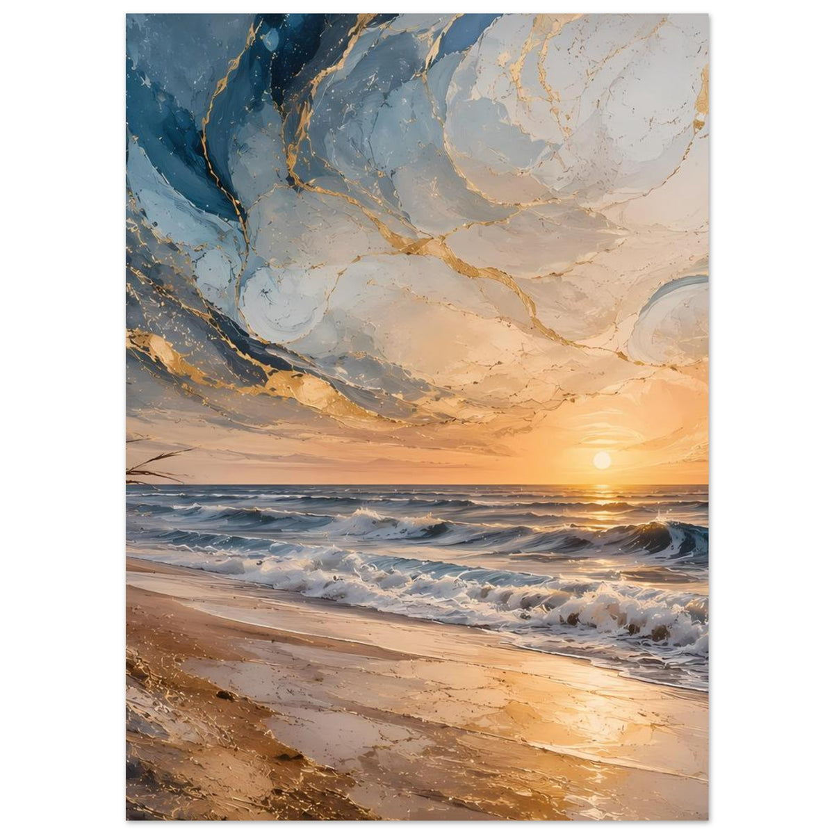 Strandposter mit ruhigem Sandstrand, blau-goldenen Wellen und schimmernder Sonne
