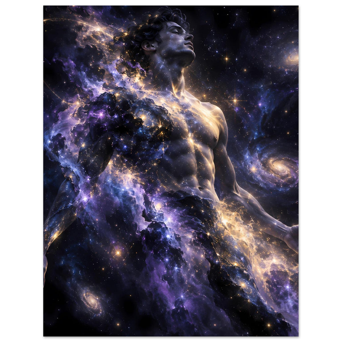 Galaxienposter im schwarzen Rahmen: Menschfigur mit violettem Nebel und goldener Lichtspur