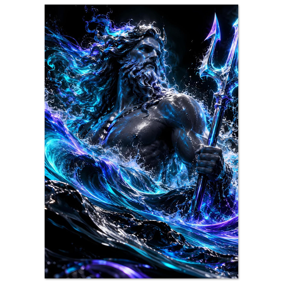 Hochformat-Poster von Poseidon mit wallendem Bart, leuchtende blaue Wellen, Dreizack