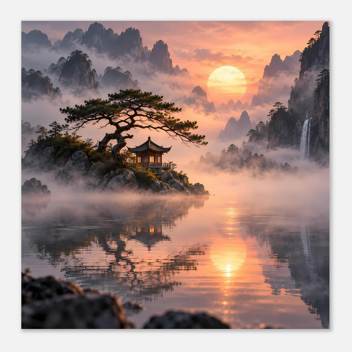 Poster an der Wand: asiatische Landschaft mit See, Nebelbergen, Pagode, Baum und Sonnenuntergang