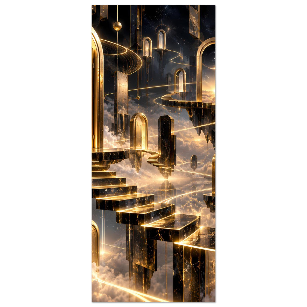 Hochformat-Poster mit goldschwarzem Fantasy-Architekturmotiv, Türbogen und Wolken im Vordergrund