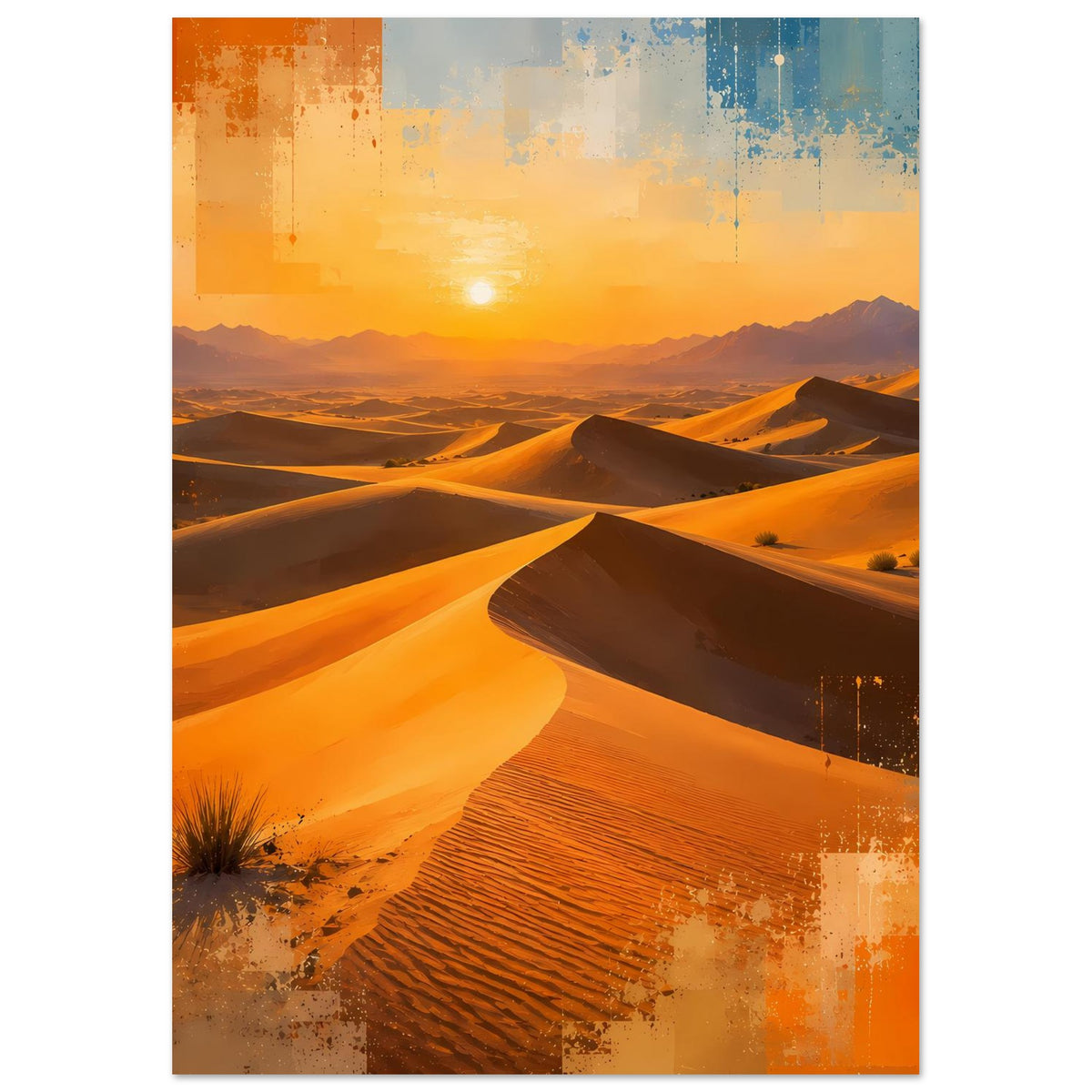 Wandposter Wüstenlandschaft zum Sonnenuntergang, warme Orange- und Gelbtöne, Dünenpfade