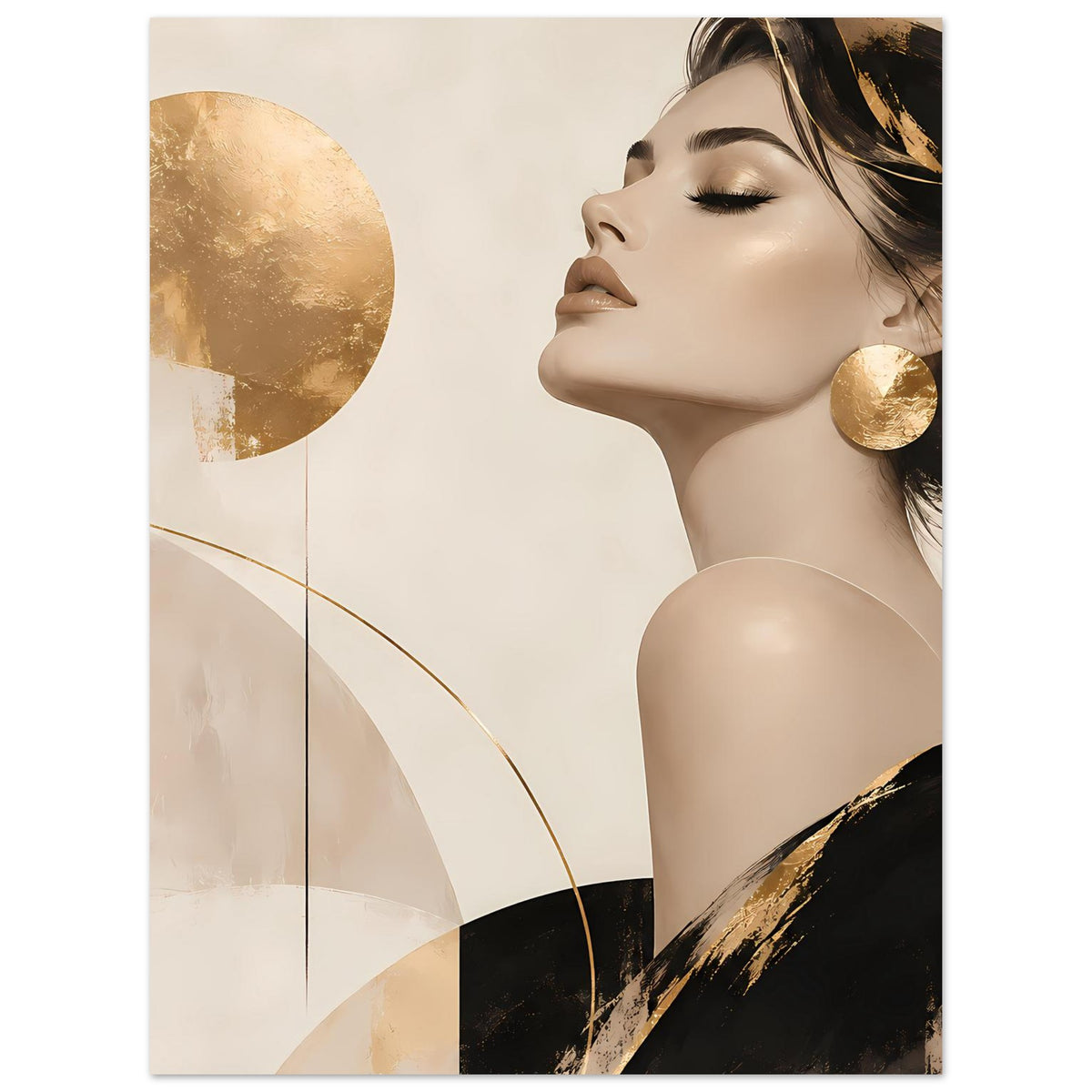 Hochformat-Poster: Frauenporträt mit goldenen Akzenten und schwarzem Pinselstrich