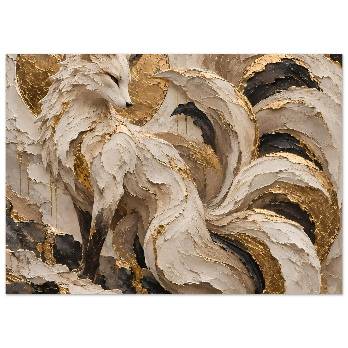 Kunstposter mit Fuchskopf und goldenen Partien, beige Textur und dunkle Kontraste