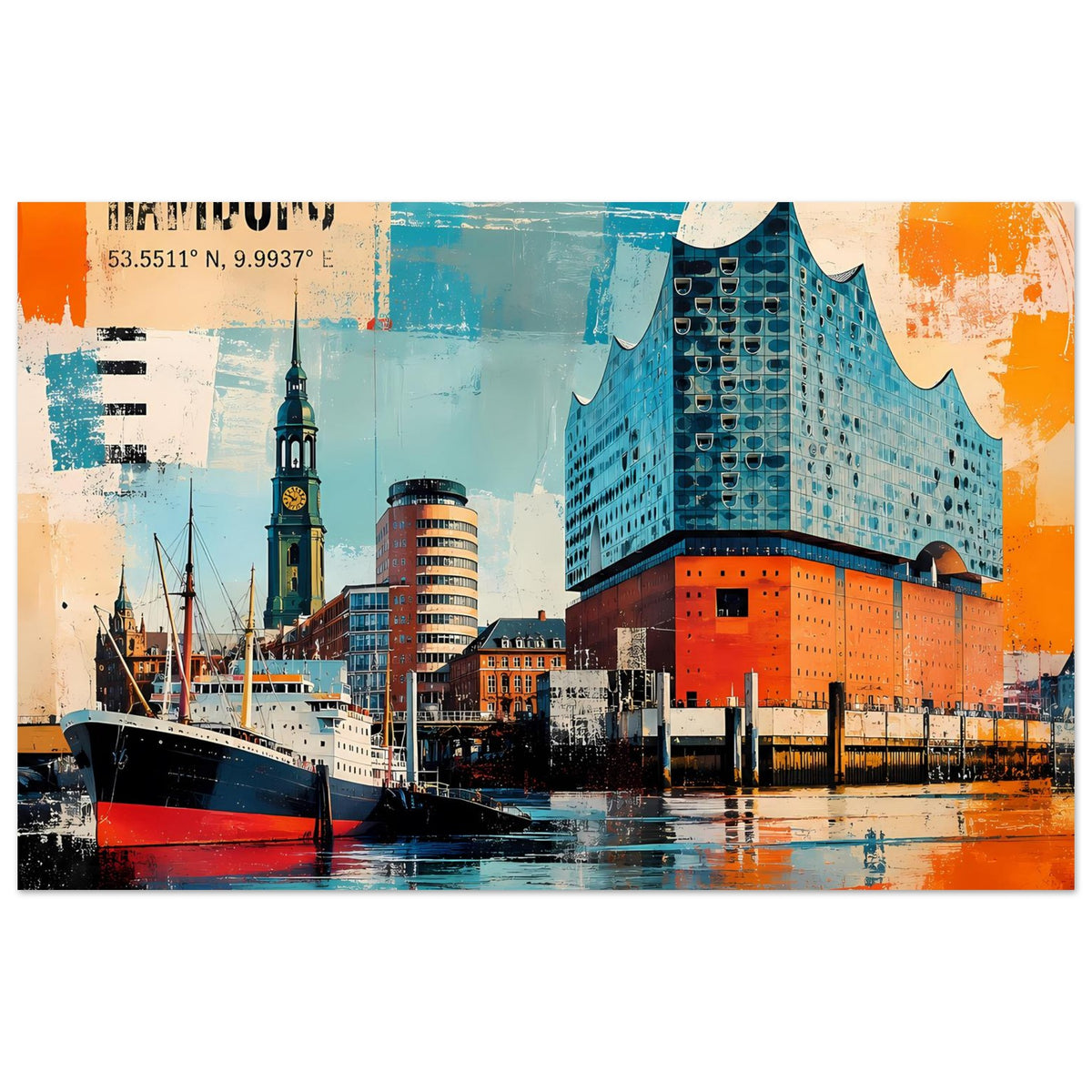 Hamburg-Hafen Poster mit Elbphilharmonie in Türkis/Orange, großes Schiffssegment unten