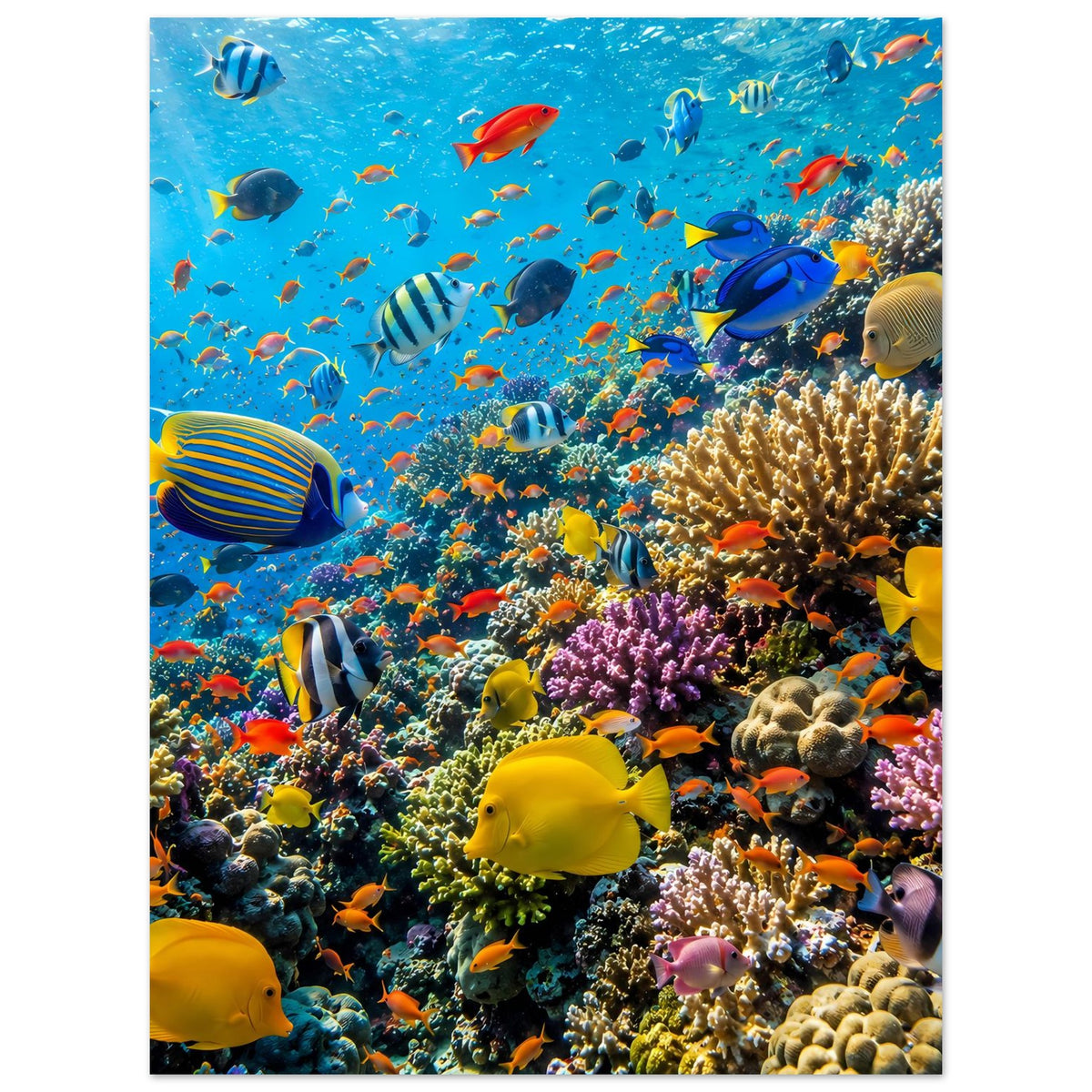 Poster mit Korallenriff und tropischen Fischen, vertikal, dichter Bildausschnitt