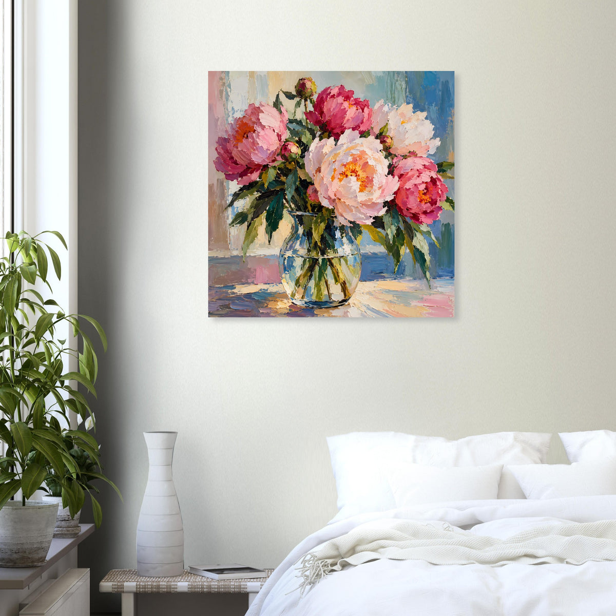 Blumenposter im Ölmalerei-Stil mit rosa und pinken Pfingstrosen in Glasvase