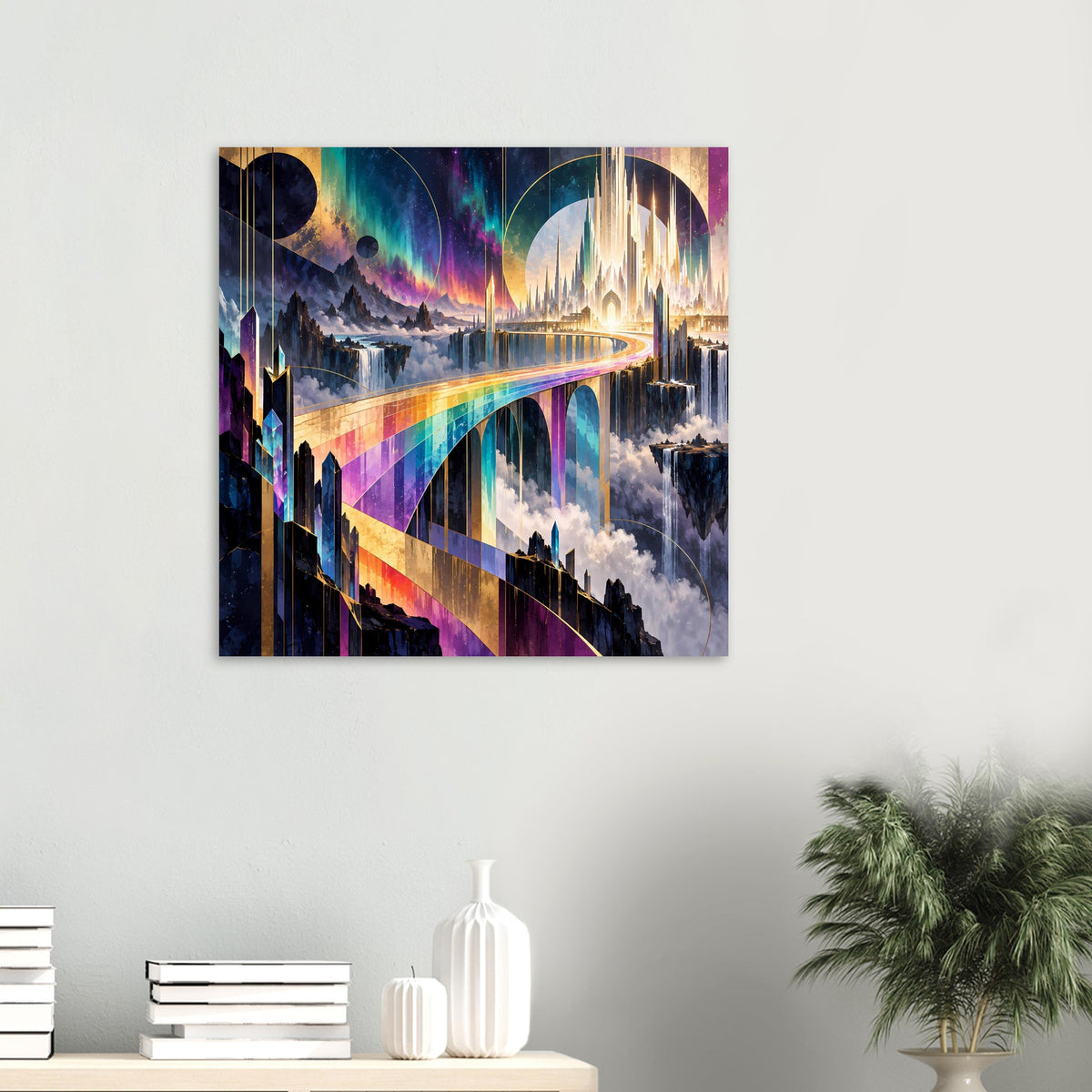 Poster im Quadratformat: Regenbogenbrücke über Wolken, bunte Bögen und goldene Lichter
