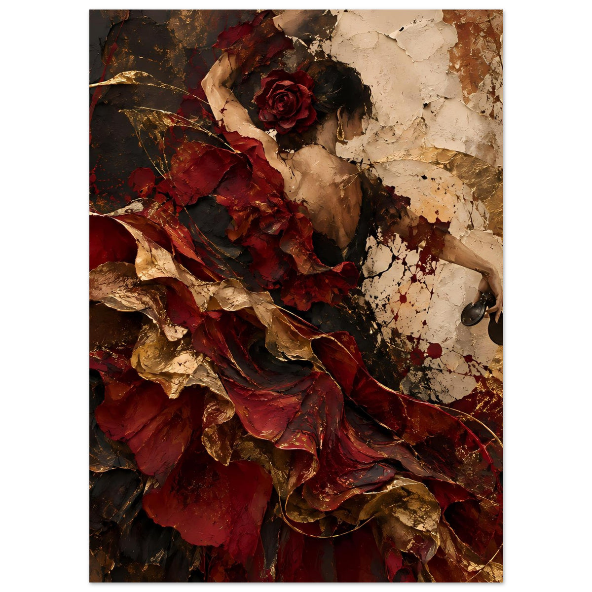 Wandkunst-Poster: nackte Schulterdarstellung mit roter Rose, rote und goldbraune abstrakte Falten