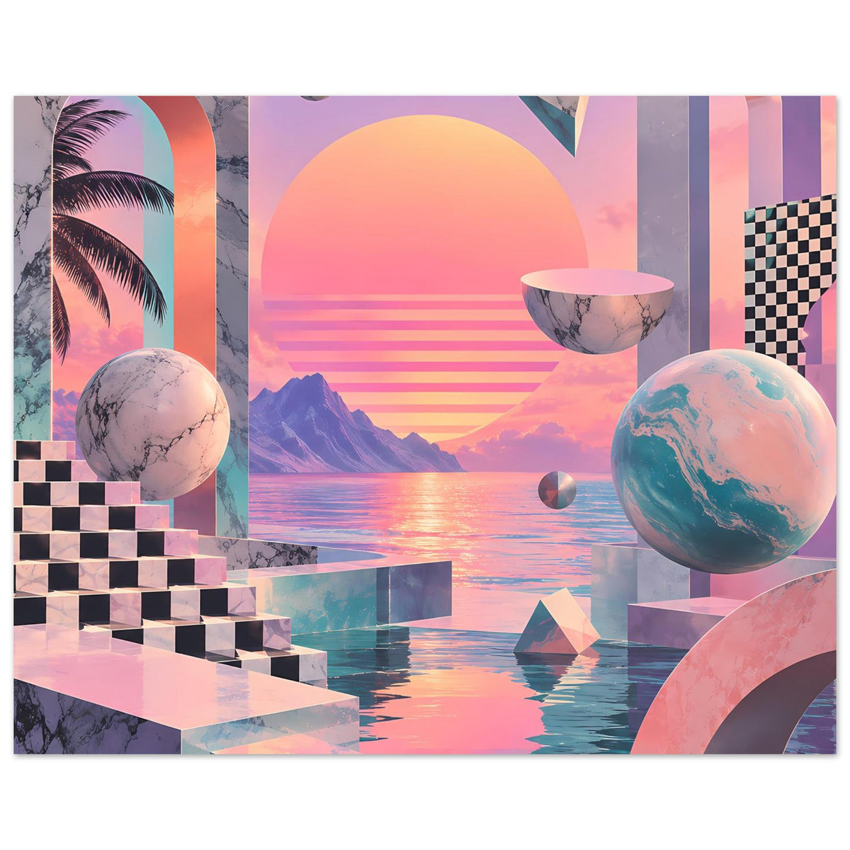 Surrealer Geometrie-Sunset Poster mit Sonnenkreis, Würfeln und Planeten, auf mattem Papier