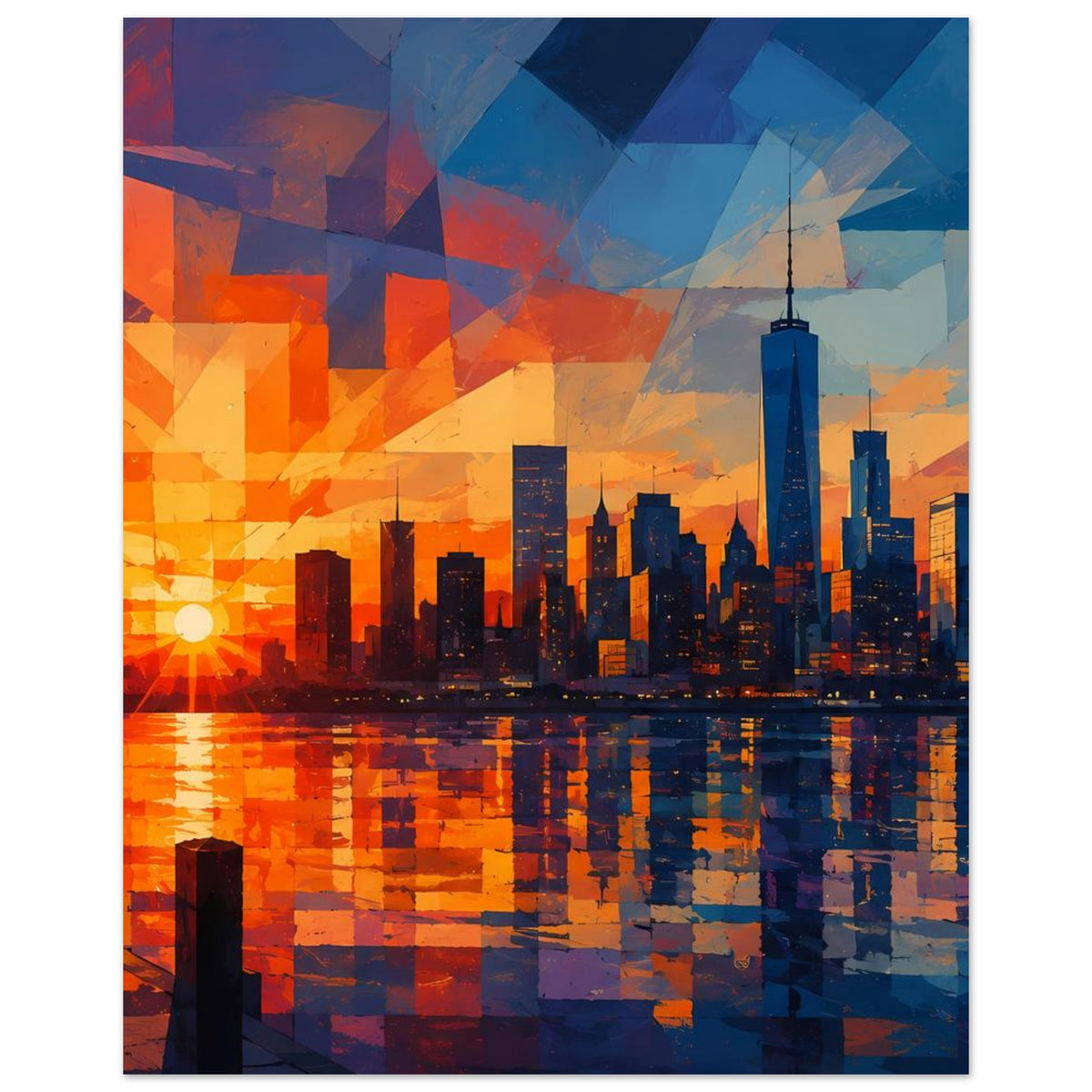 Hochformat-Poster: geometrische Skyline am Sonnenuntergang, orange Sonne und blaues Wasser