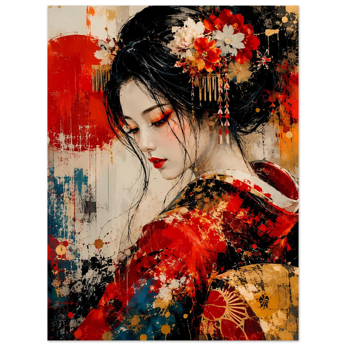Poster mit japanischer Geisha im roten Kimono, roter Schimmer und goldene Muster am Ärmel.