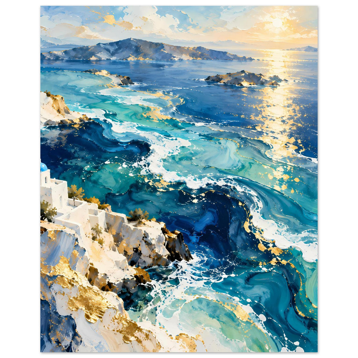 Poster mit türkisblauem Meer und Küste, warmem Sonnenlicht am Horizont
