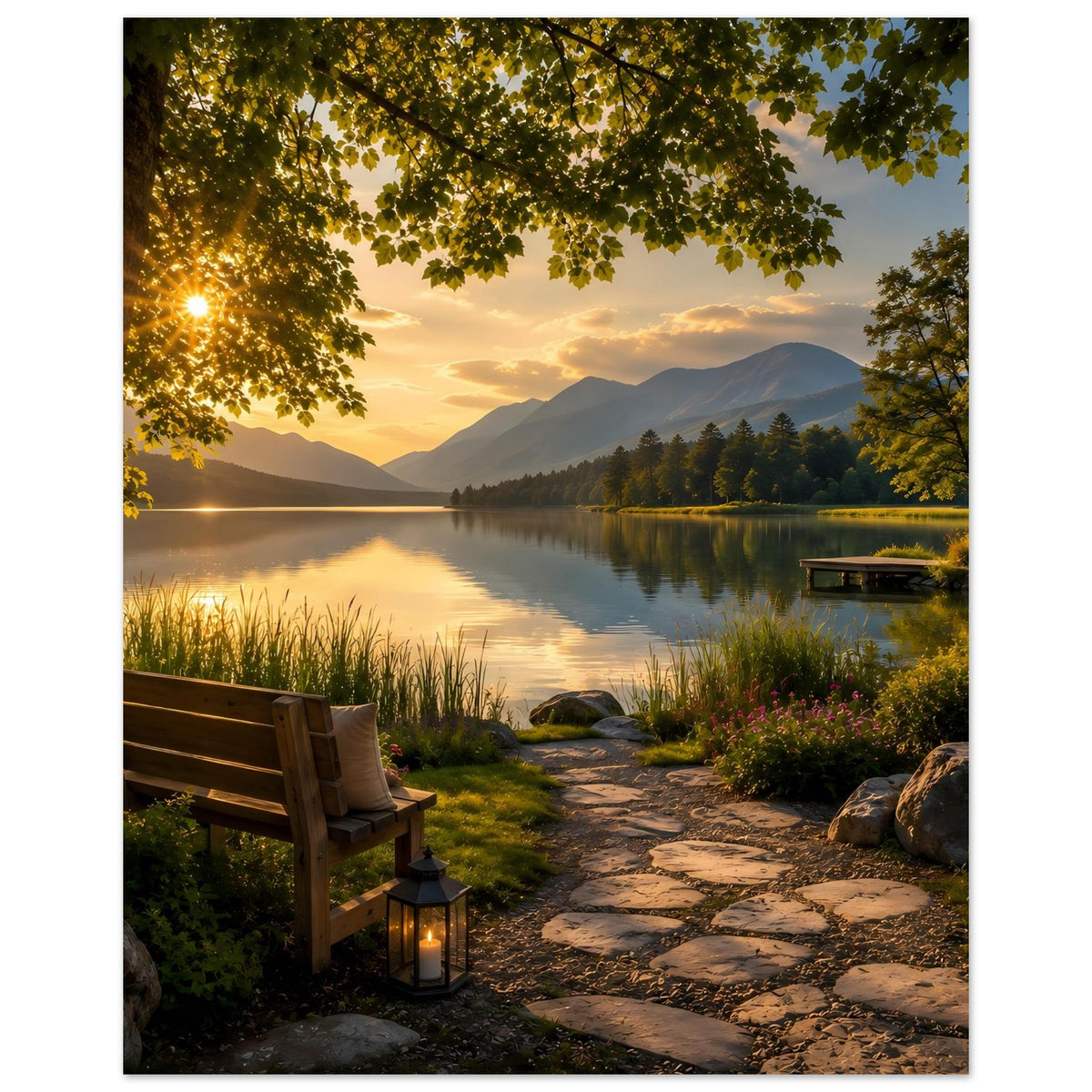 Kunstdruck-Poster: See bei Sonnenuntergang mit Bank links, Kiesweg und Laterne unten