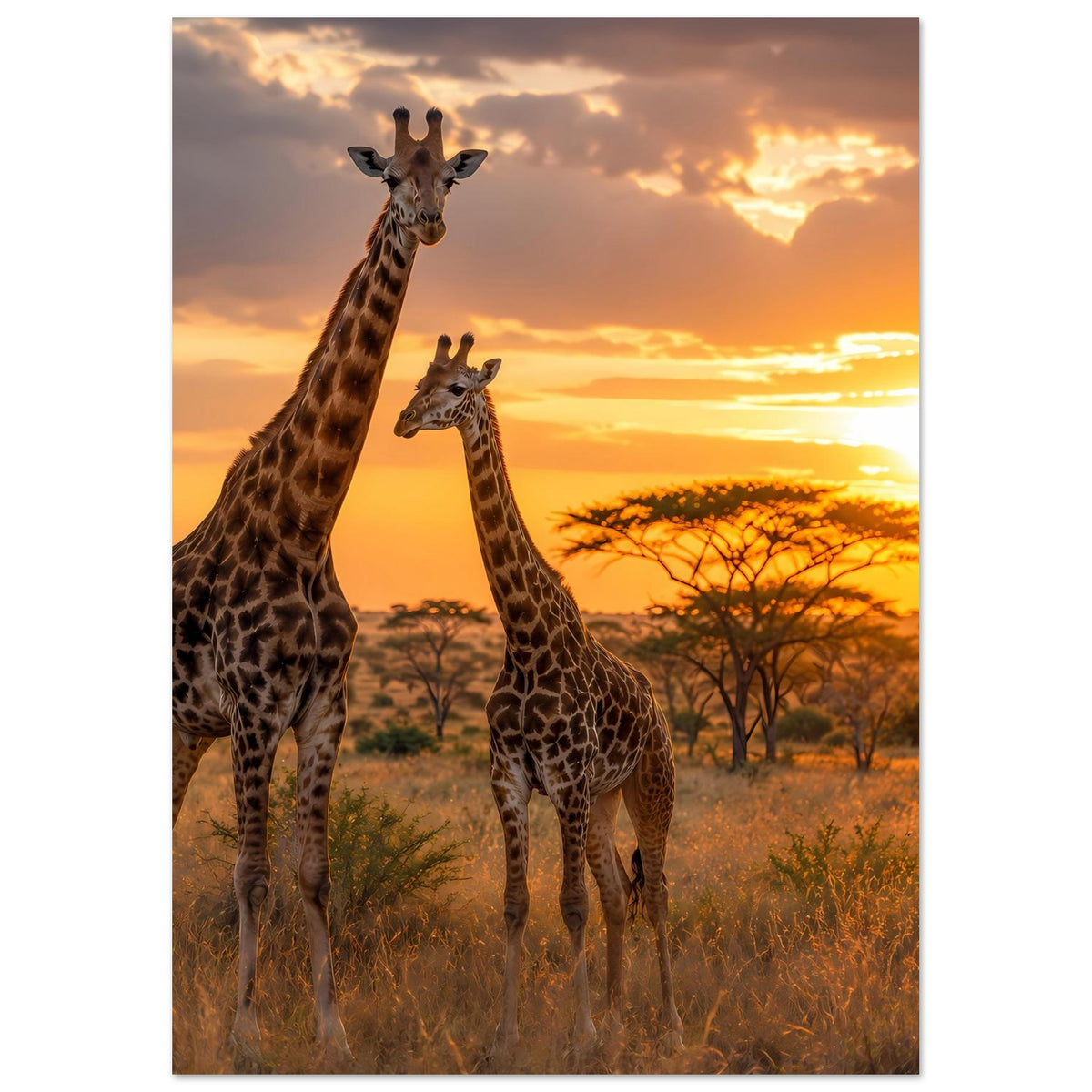 Poster mit zwei Giraffen im Abendlicht, detailliertes Fellmuster und Sonnenuntergang