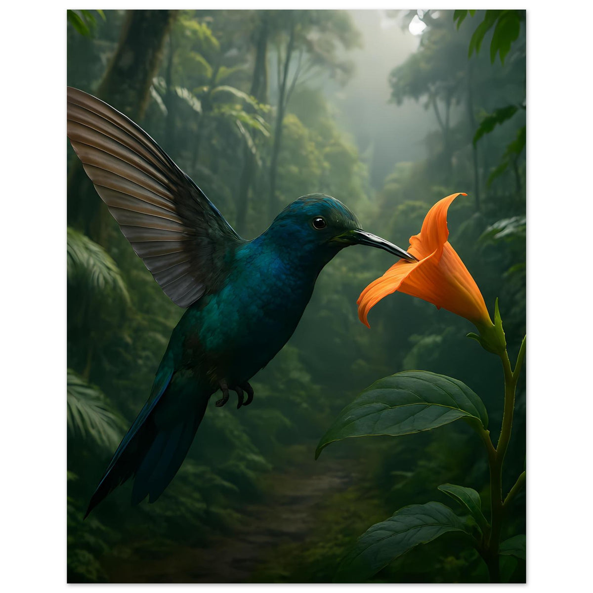 Poster mit Kolibri vor grüner Dschungelkulisse und orangefarbener Blüte am Ast