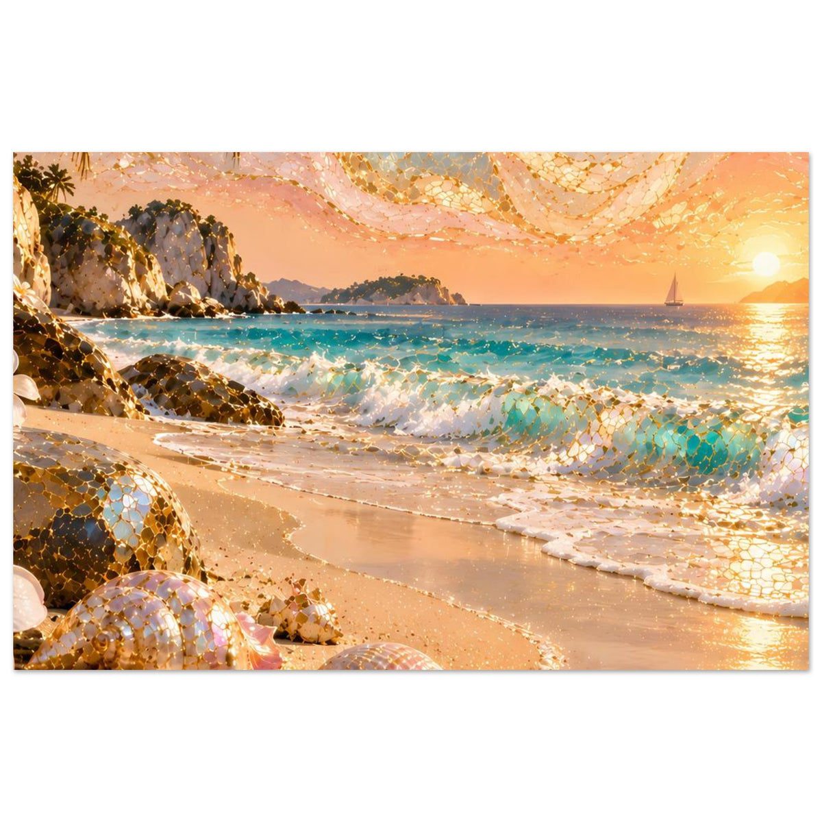Poster mit Strand bei Sonnenuntergang, gold schimmernde Wellen und Muscheln in Mosaikoptik.