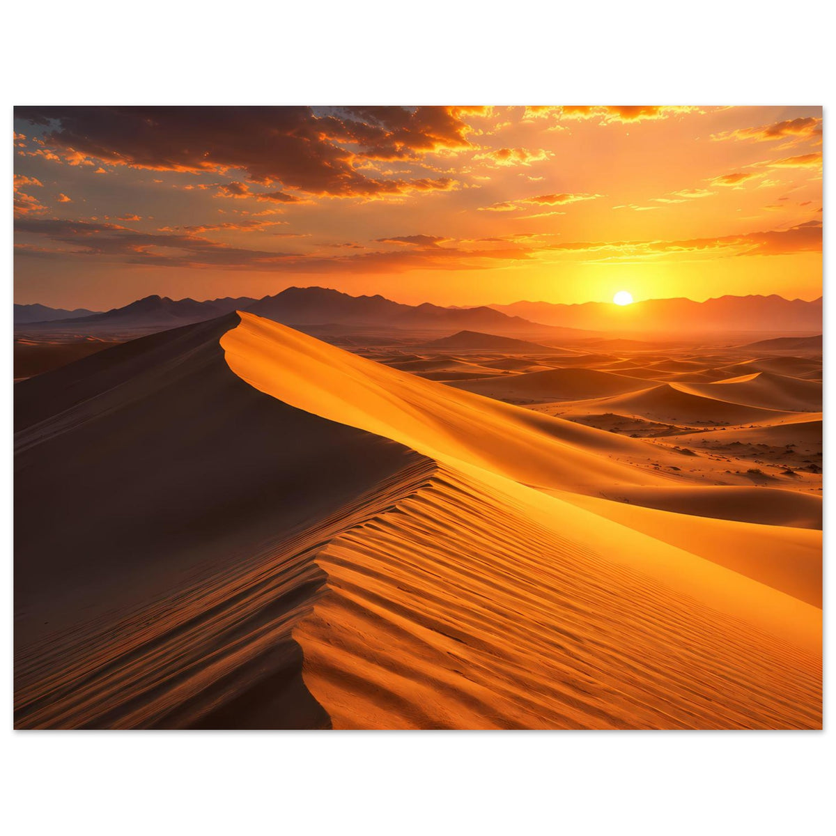 Wüstenposter mit goldenen Dünentälern und Sonnenuntergang, horizontales Motiv mit Rahmen