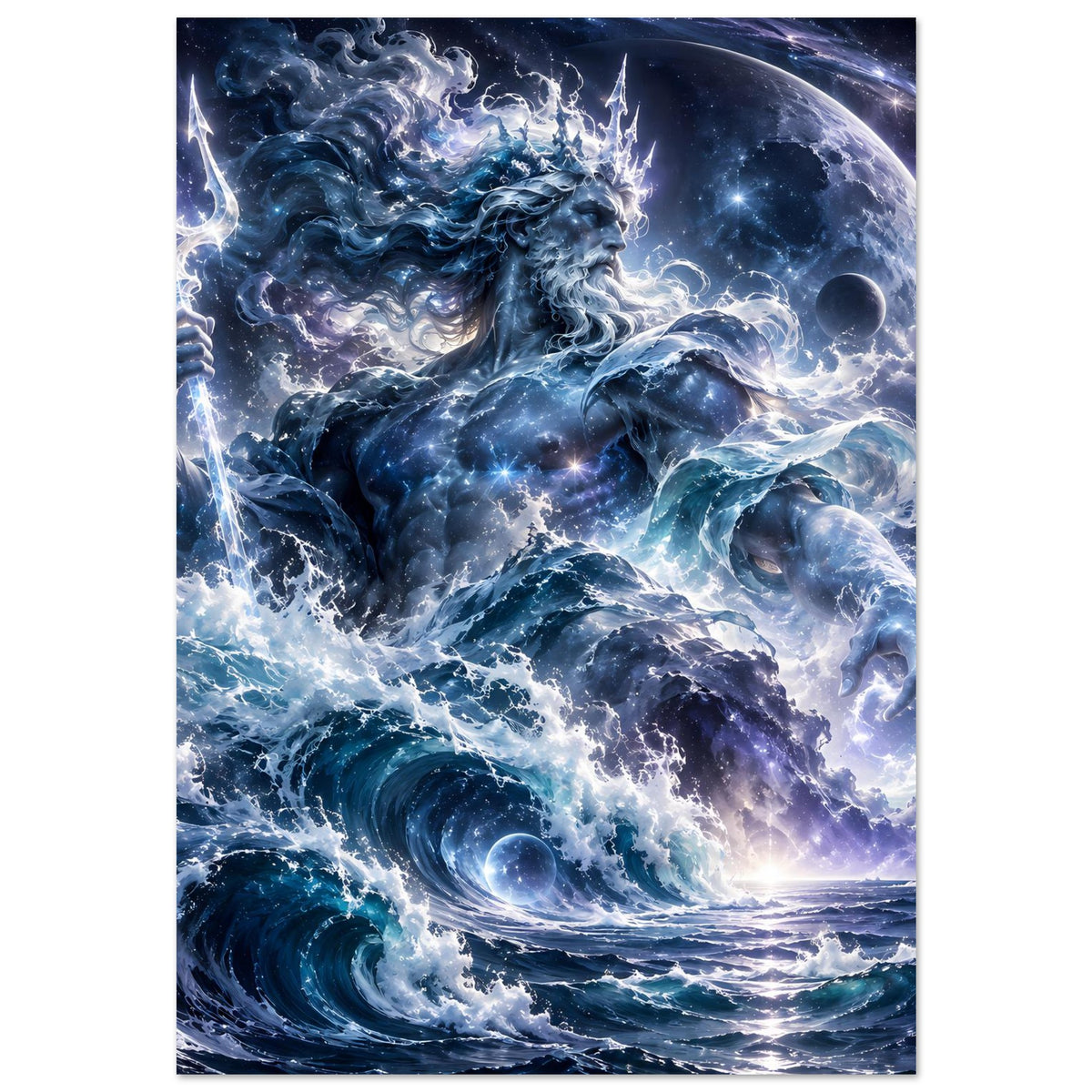 Poster mit Meeresgott-Figur, funkelndem Dreizack, blauen Wirbelwellen und Mond